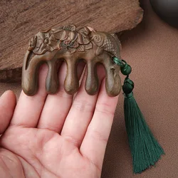 Green Sandalwood Comb Anti Static Massage Scalp Comb Natural Wooden Comb Chinoiserie Carved Wide Tooth Comb Tassels Woman's Gift
