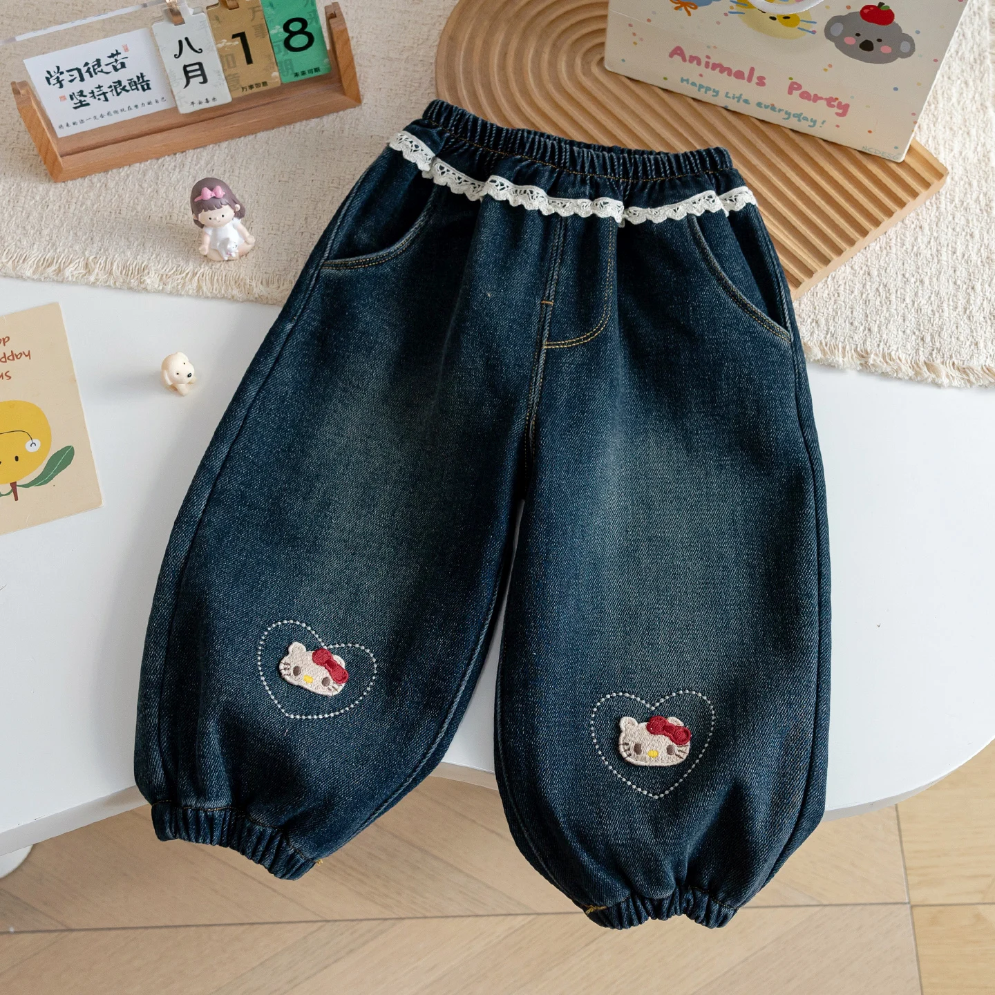 

Girls' Plush Jeans Winter New Cartoon Hello Kitty Embroidery High Waist Lantern Pants Casual Loose Elastic Waist Cute Trousers