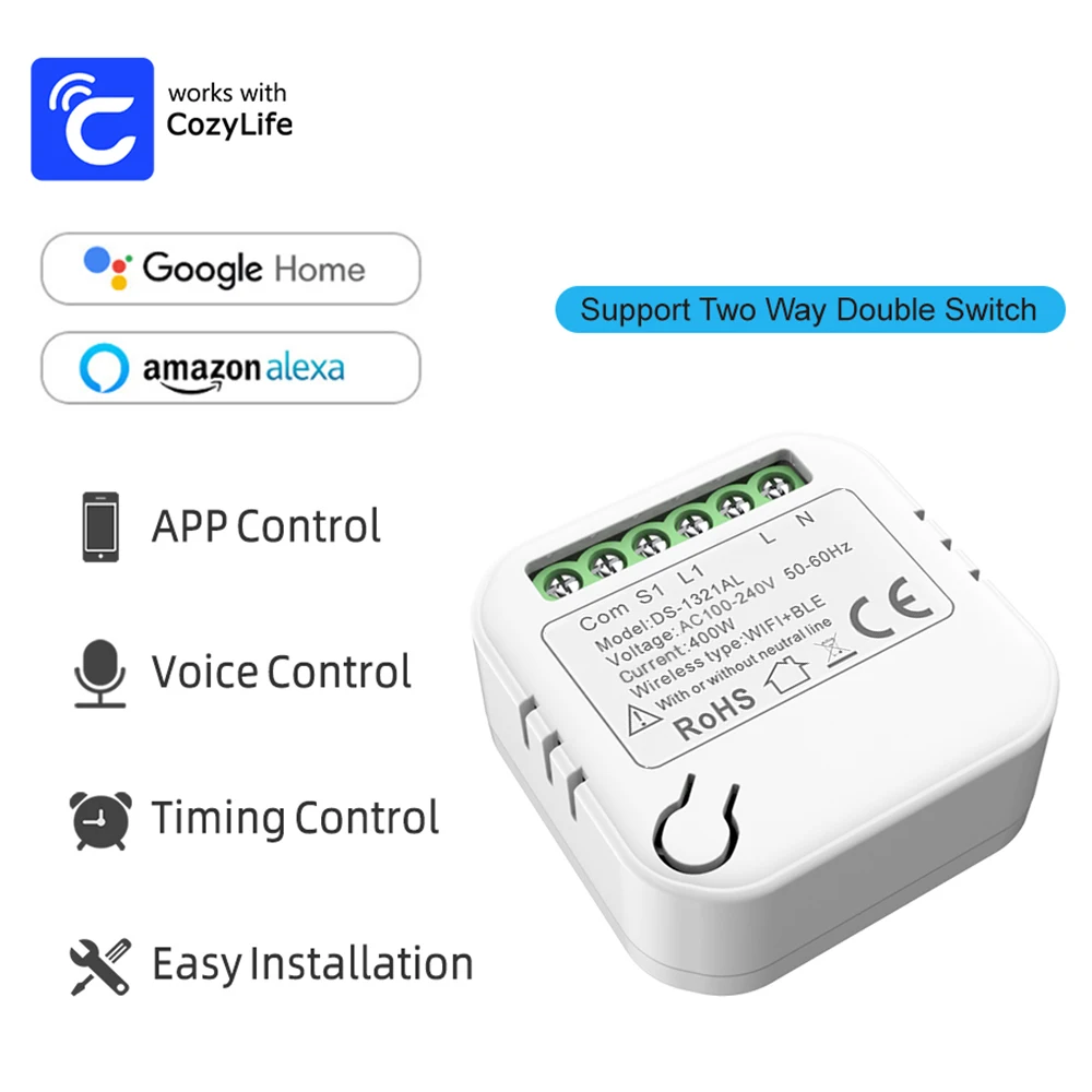 Cozylife WiFi Mini Smart Switch Nessun cavo neutro 400W FAI DA TE Controllo a 2 vie Interruttori intelligenti Modulo interruttore Funziona con Alexa