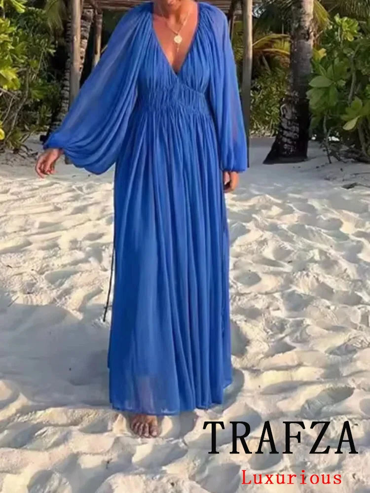 

TRAFZA Beach Chic Women Dress Solid Elastic Waist V-Neck Long Sleeve Lace-up Long Dress New Fashion 2025 Autumn Holiday Dress