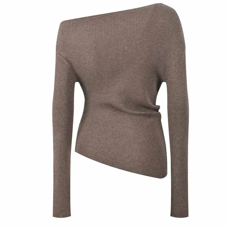 MCDV-suéter Sexy de punto con lentejuelas y hombros descubiertos para mujer, Jersey ajustado de manga larga con cuello inclinado elegante, Tops, prendas de punto suaves y cálidas
