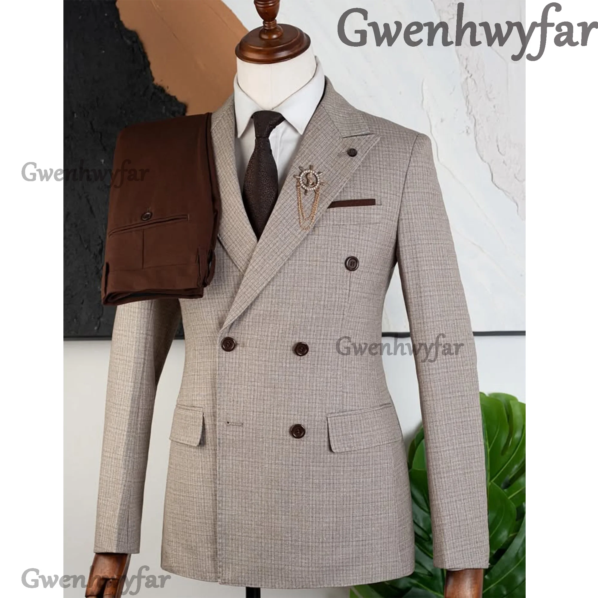 

Gwenhwyfar Exquisite Men Wedding Suit 2pcs Set Textured Fabric Jacquard Jacket Brown Pants Tailored Fit Attire For Groom Dating