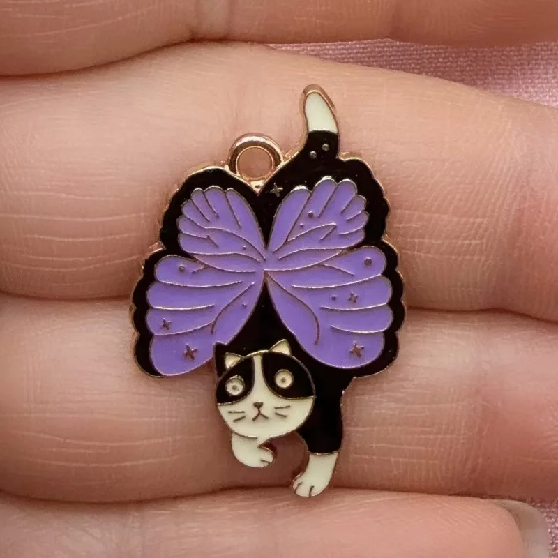 10pcs Butterfly Cat Love Korean Edition Jewelry Accessories Drip Oil Pendant Earrings Necklace Pendant DIY Material Cartoon Cute view 3
