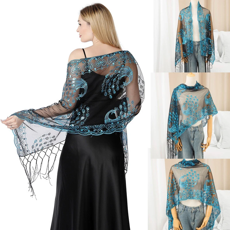 Luxury Beads Sequin Embroidery Peacock Tassel Muslim Headscarf Shawl Women Travel Blanket Evening Party Wrap Cheongsam Scarf