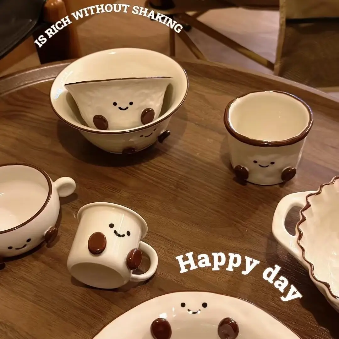 Cute Footed Ceramic Mug Set, Hand-painted Underglaze Color Plate,Salad Yogurt Noodle Bowl, Double Ear Bowls,Kitchen Utensil Gift