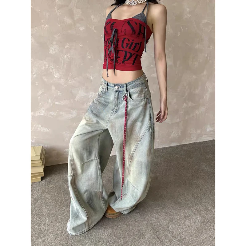 Damskie jeansy vintage w kolorze jasnoniebieskim Y2k, luźne, Harajuku, estetyka japońska, szerokie nogawki, spodnie dżinsowe, spodnie cargo, ubrania trashowe.