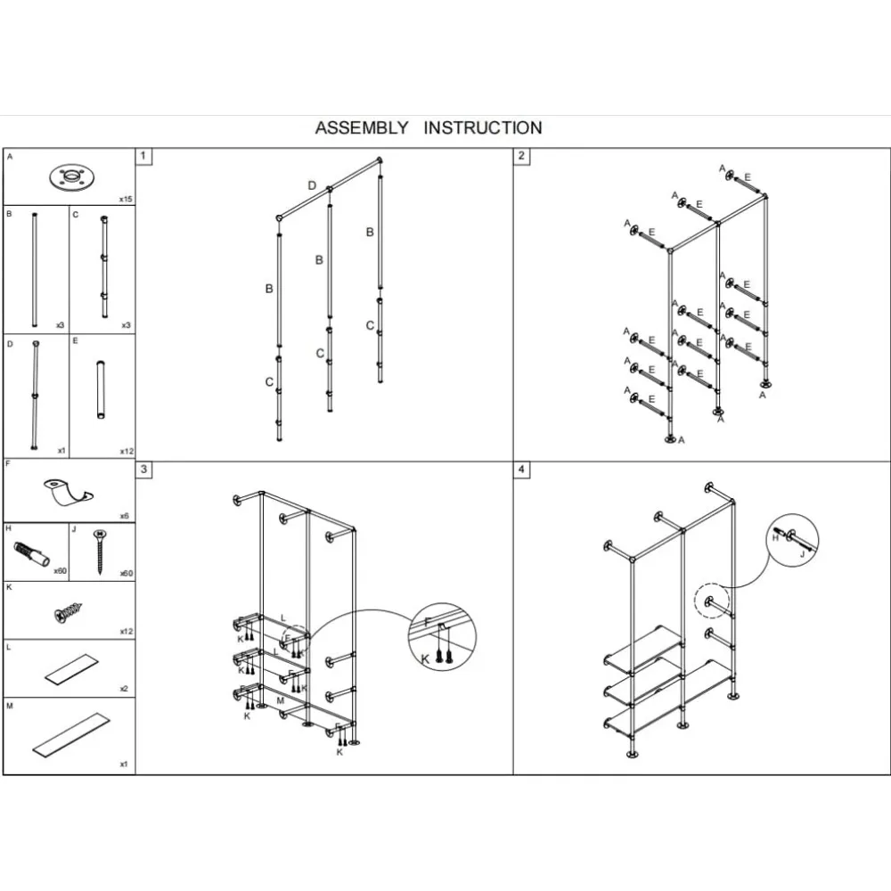 رف ملابس أسود قوي مثبت على الحائط مع قضبان تعليق مزدوجة وثلاث أرفف تخزين