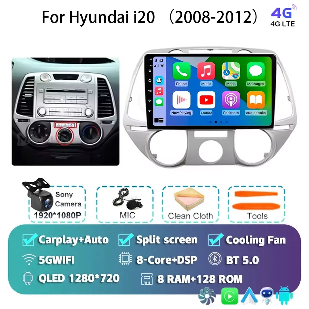 Android 15 Carplay Voor Hyundai i20 2008 2009 2010 2011 2012 Autoradio Stereo Multimedia Video Player WIFI Touchscreen - afbeelding 1
