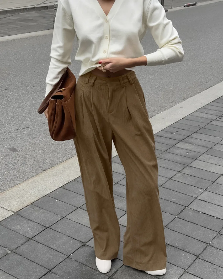 BKLD moda Otoño perezoso caído pantalones de pierna ancha de cintura alta Color sólido ropa de mujer 2025 nuevos pantalones casuales plisados