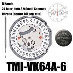 VK64 Movement TMI VK64-6 Movement 5 Hands Size: 13 ½‴ Height: 5.10mm 24 hour date 3.9 Small Seconds Chrono (centre 1/5 sec, min)