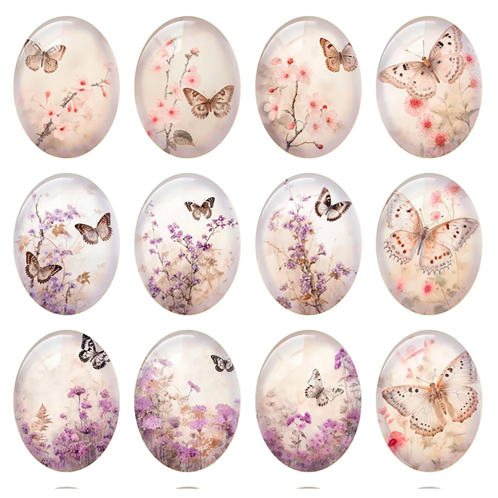 Random Mixed Round/Oval/Square Flower Plants Butterflies Photo Glass Cabochon Flatback Demo Cameo For Diy Jewelry Making