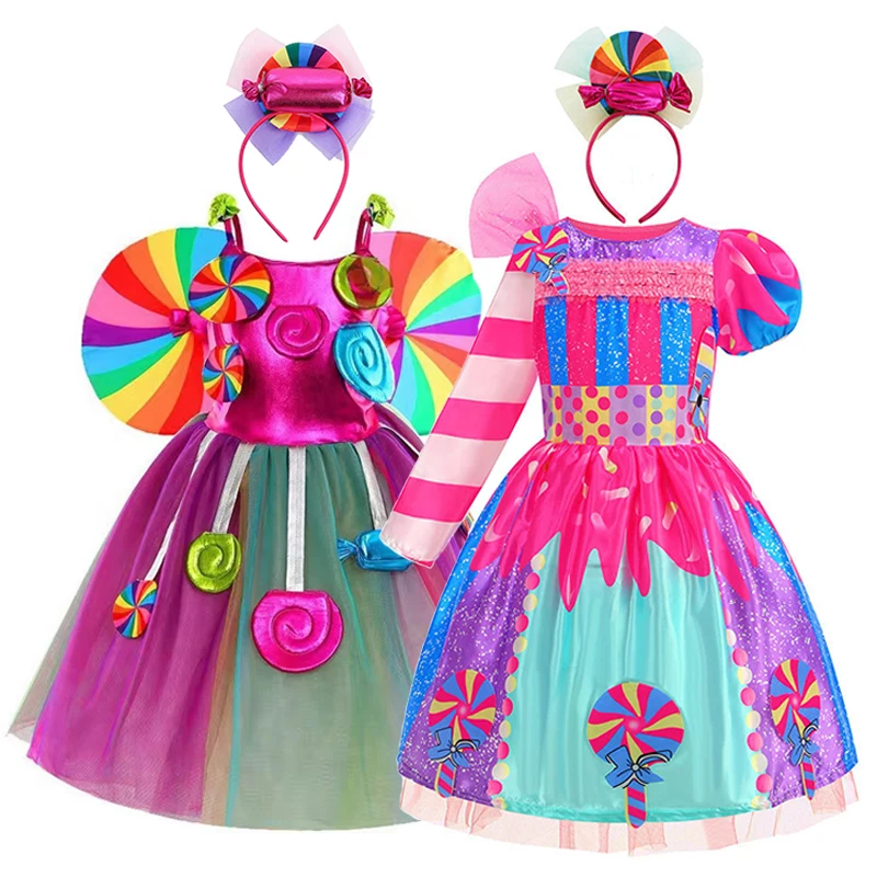 

Carnival Colorful Sweet Baby Princess Dress Purim Rainbow Candy Girls Party Clothes Kids Halloween Christmas Lollipop Costume