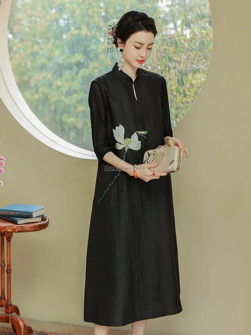 2023 chinese national style long cheongsam dress stand collar gauze dress women's new spring and summer fashion black qipao s488