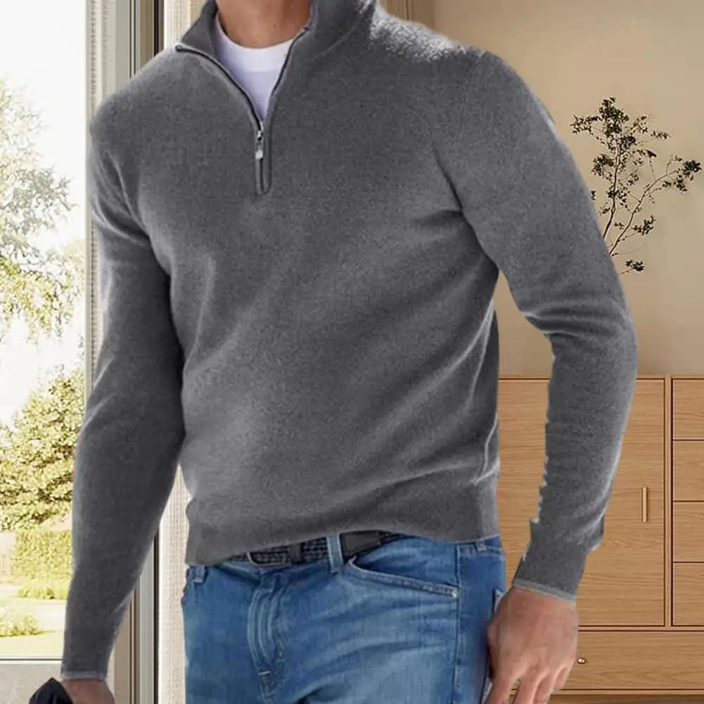 Men Fall Winter Sweater Stand Collar V Neck Solid Color Slim Fit Elastic Long Sleeve Soft Zipper Neck Male Sweater Warm Supply