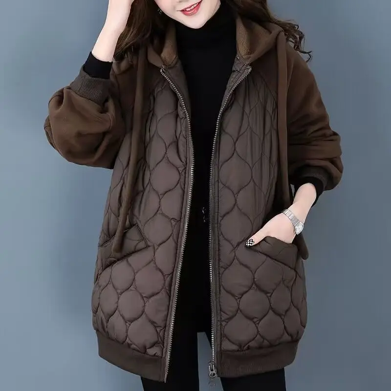 

Women Cotton Coat 2023 Winter New Fashion Loose Patchwork Outwear Thicken Warm Hooded Parkas Pure Color Casual Outcoat