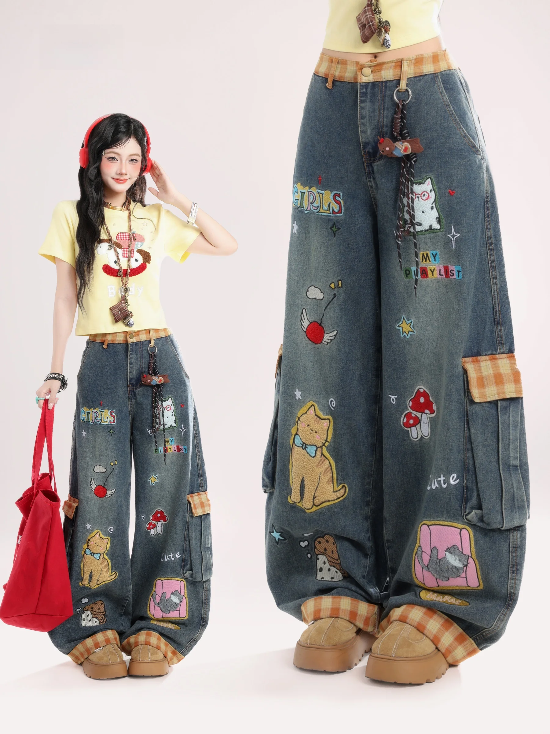 

Джинсы HTYM American Fun Cartoon с вышивкой, свободные широкие брюки из денима, женские летние повседневные джинсы с высокой талией из смесового хлопка