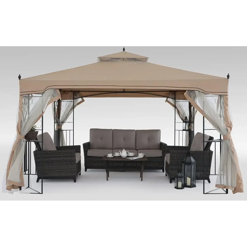 

10x10 Beige Patio Gazebo with Mesh Walls for Lawn, Garden, Backyard, and Deck