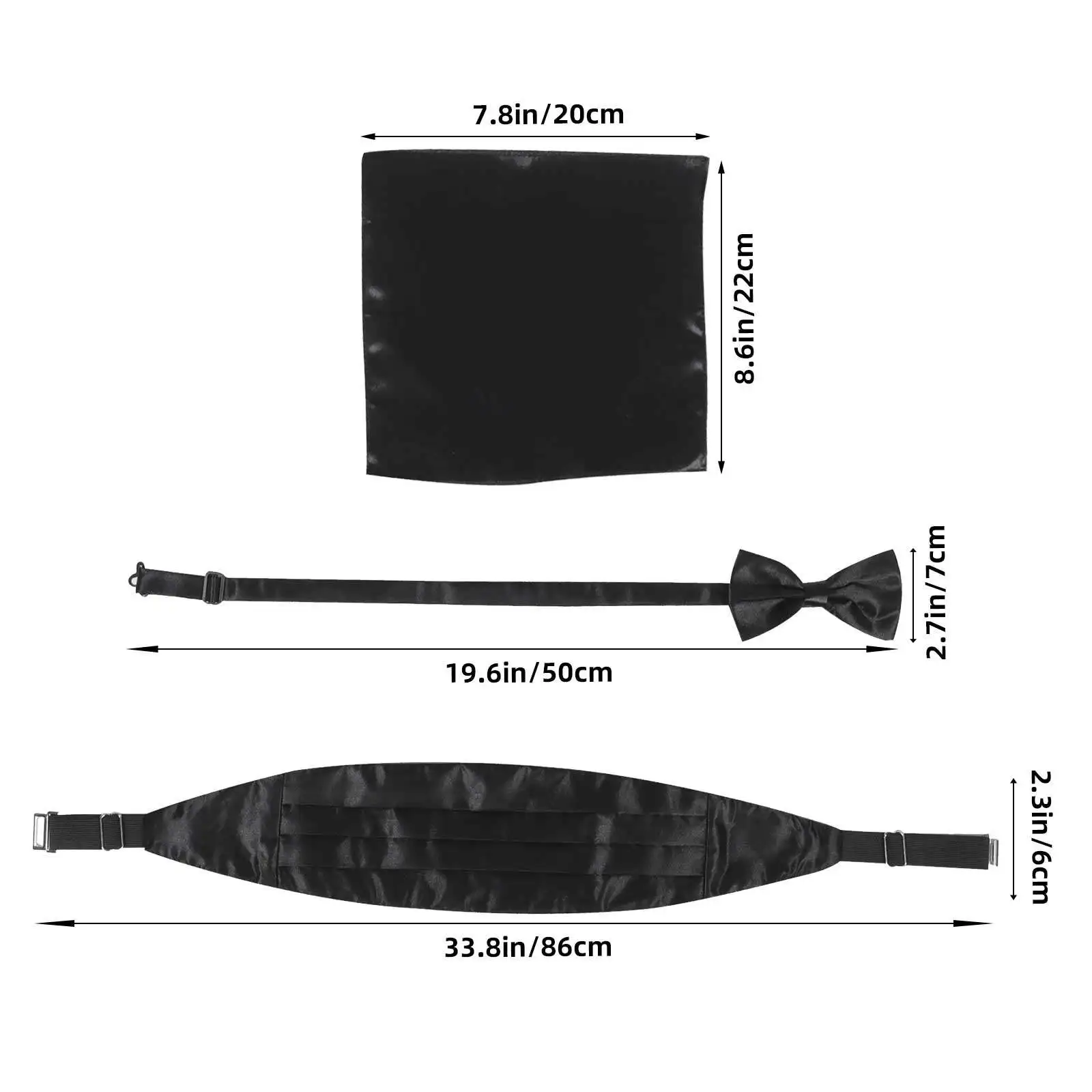 3Pcs Men's Satin Bow Tie Cummerbund Pocket Handkerchief Set Black Fully Lined Adjustable Clip Formal Evening Party