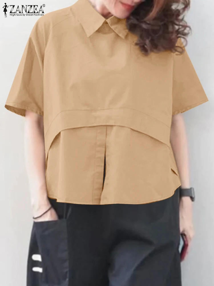 ZANZEA Zomer Kantoor Vrouwen Blouse Elegante Revers Hals Korte Mouw Stijlvolle Asymmetrische Zoom Blusas Casual Solid Tuniek Tops