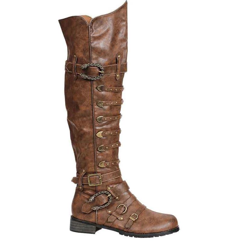 Men's Brown Multi Buckles Rivets Side Zipper Knee High Boots 2026 Black Round Toe Chunky Heels Punk Gothic Boots for Men