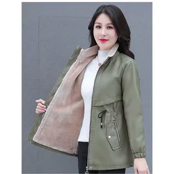 Fashionand Thickening Leather Jacket Women Western-Style Mid Length Winter New Loose Korean Slim Pu Leather Windbreak Female Top