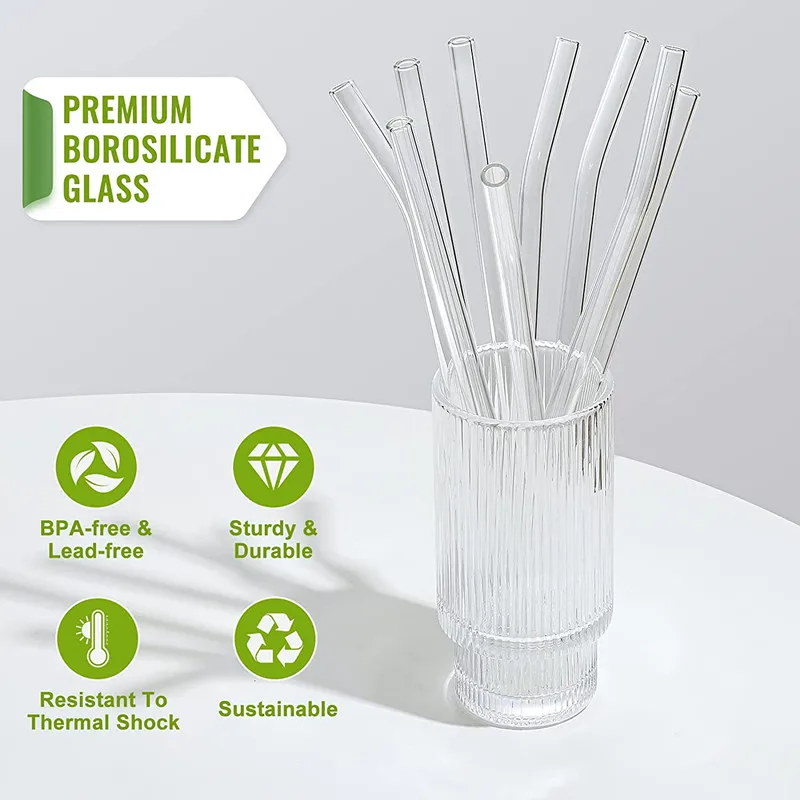 12-Pack Reusable Glass Straws Clear Smooth Glass Drinking Straw 8\'\'x10 MM Set of 6 Straight and 6 Bent with 4 Cleaning Brushes