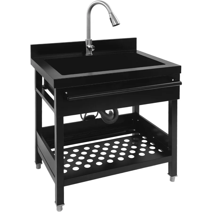 حوض وعاء واحد قائم بذاته مع صنبور قابل للسحب مقاس 31 بوصة حوض مطبخ للمطاعم التجارية مع فكرة صنبور الماء الساخن والبارد #1