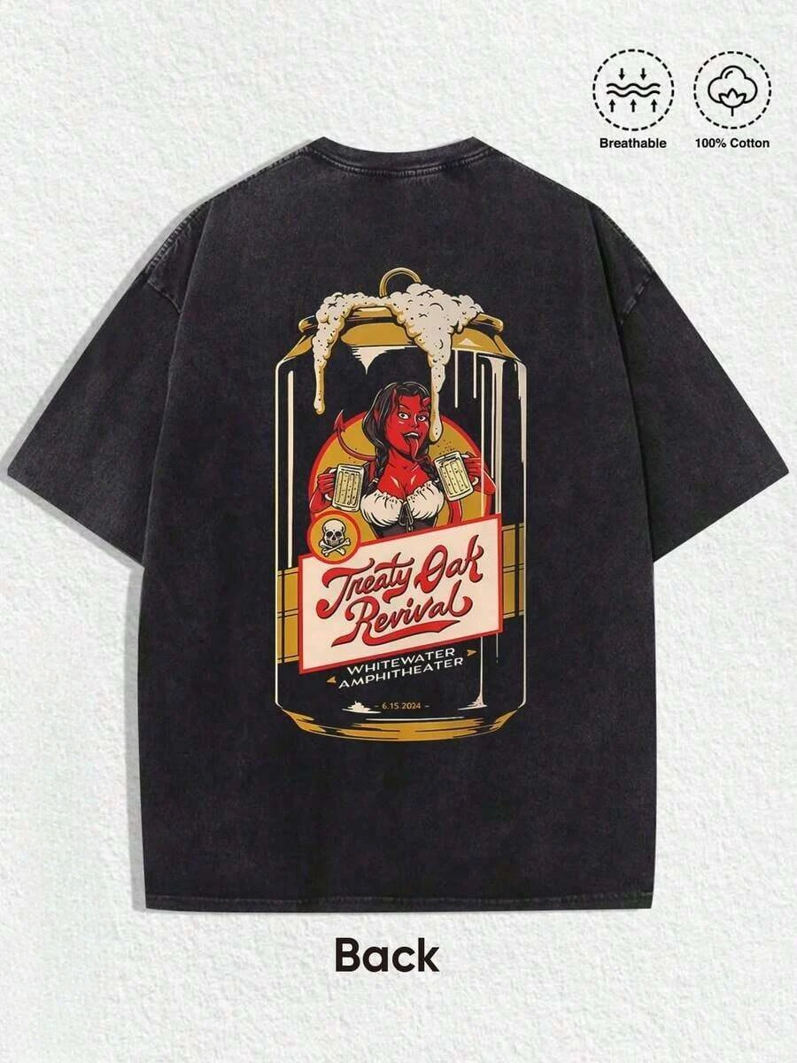 Treaty Oak Revival Retro Distressed Black Tee, Golden Beer Can & Red Devil Print, 100% Cotton Unisex Oversized T-Shirt