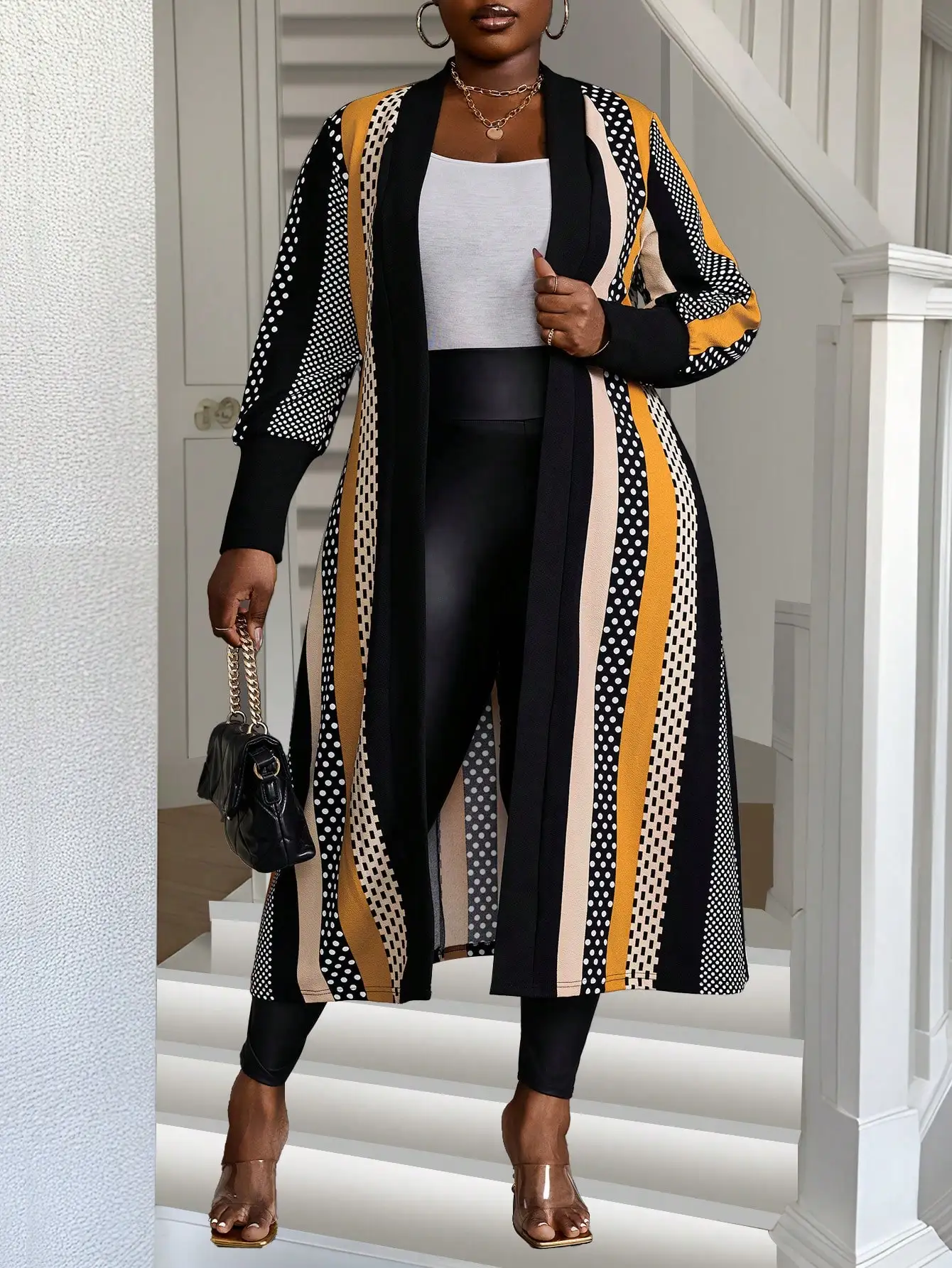 

Plus Size Long Sleeve Striped & Polka Dot Open Front Long Cardigan Jacket for Women