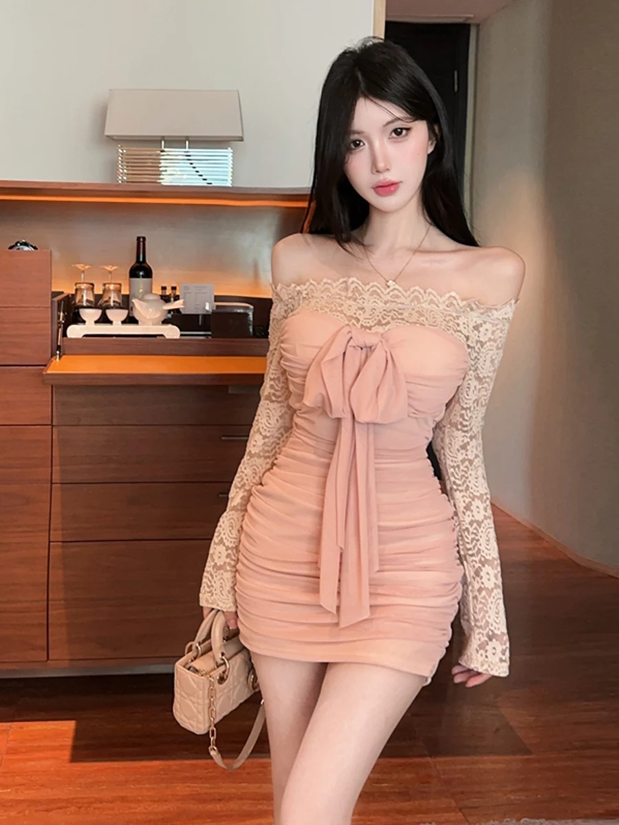 

Sweet Girl Pure Desire Lace Splice Knot One oulder Long Sve Dr Sexy Temperament Bodycon Skirt Wrap Chest