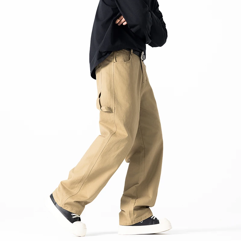 الراقية جودة اليابانية مستقيم الساق السراويل البضائع الرجال موضة فضفاضة الرجال السراويل جيب بسيط واسعة أرجل بناطيل كاجوال #4