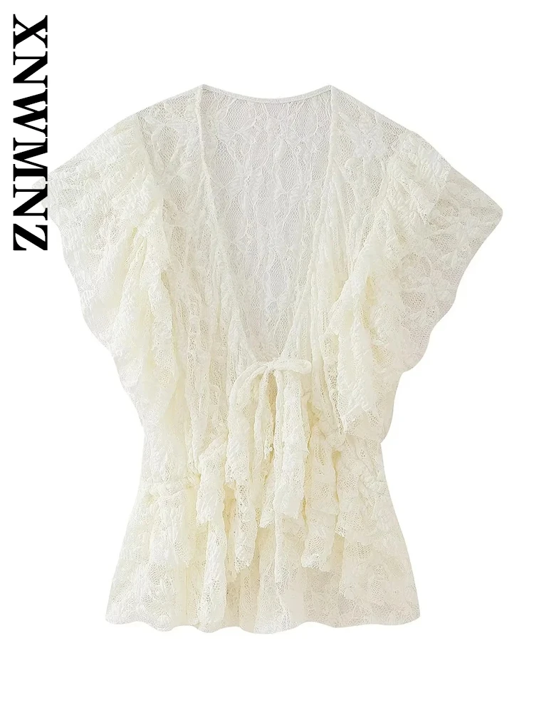 

XNWMNZ 2025 Summer New Woman's Chic Sleeveless Chiffon Blouse Lace Top Fashion Female V-Collar Lace Pullover Ruffles Hollow Out