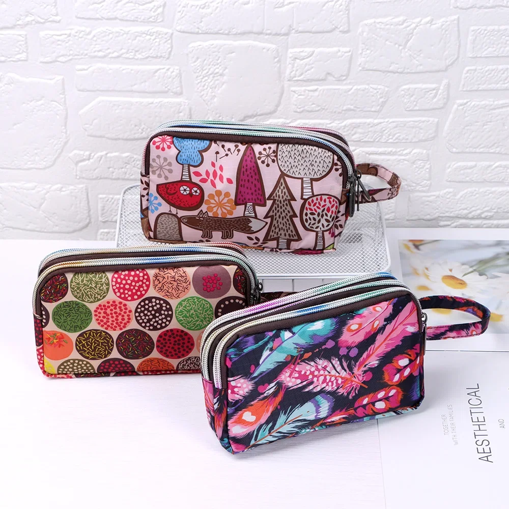 1PC New Fashion Waterproof Female Handbag Practical Larger Capacity Print Canvas Bag Key Coin Purse Three-layer Long Wallet