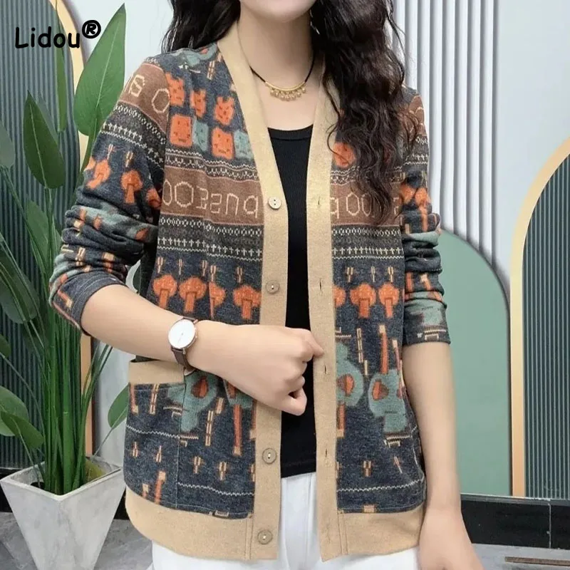 Spring Autumn Long Sleeve Fashion Printed Button Cardigan Female Casual Vintage Loose V-Neck Knitted Thin Tops Women\'s Clothing