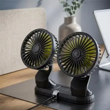 5v Usb Car Cooler Double Head Car Fan 360 Degree Rotation Base Energy Efficient Design Plastic And Metal Build For Car Dashboard