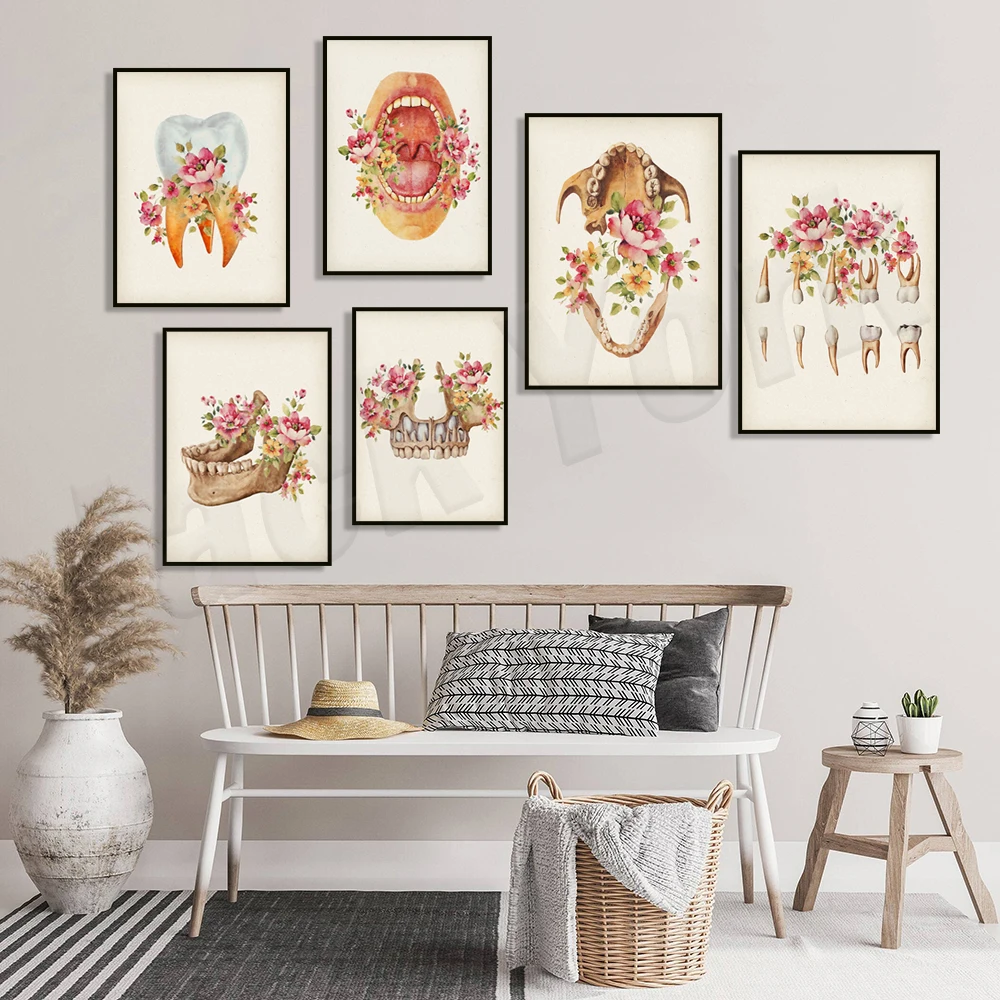 Vintage Dental Art, Floral Anatomy Art Human Teeth and Jaw Poster Dental Orthodontist Doctor Gift Dentist Clinic Decoration,