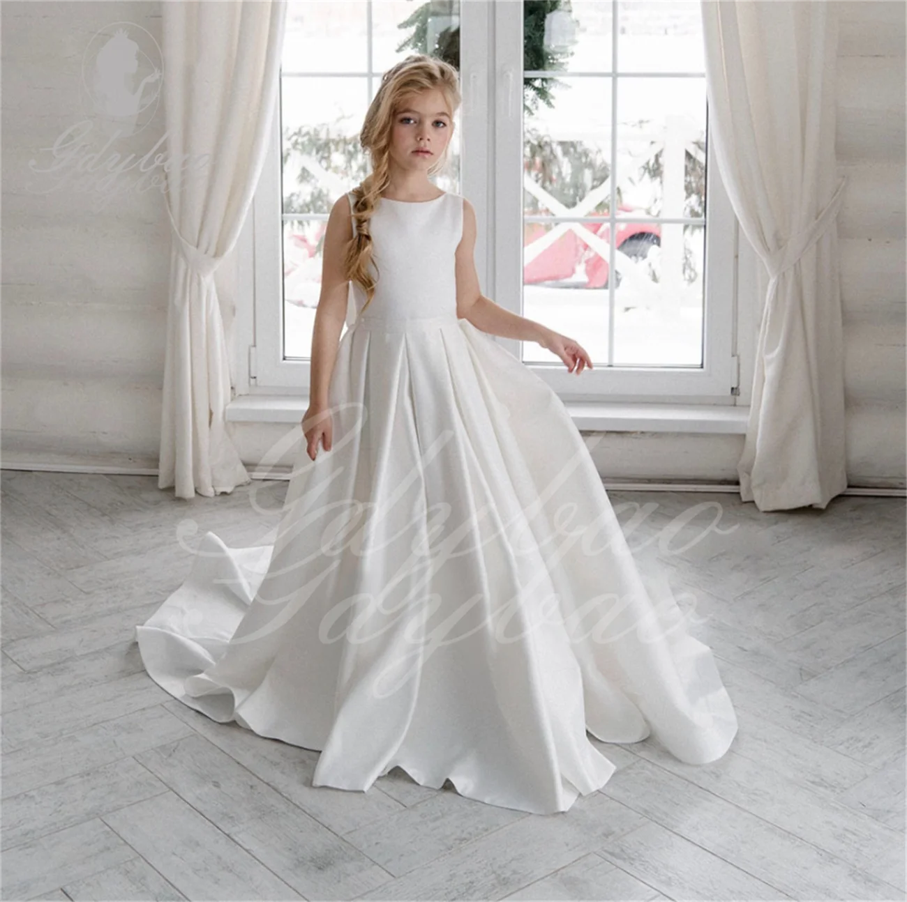 Vestido largo de satén con lazo de tul para niña, vestidos blancos de flores para boda, vestido de desfile de dama de honor, primera comunión