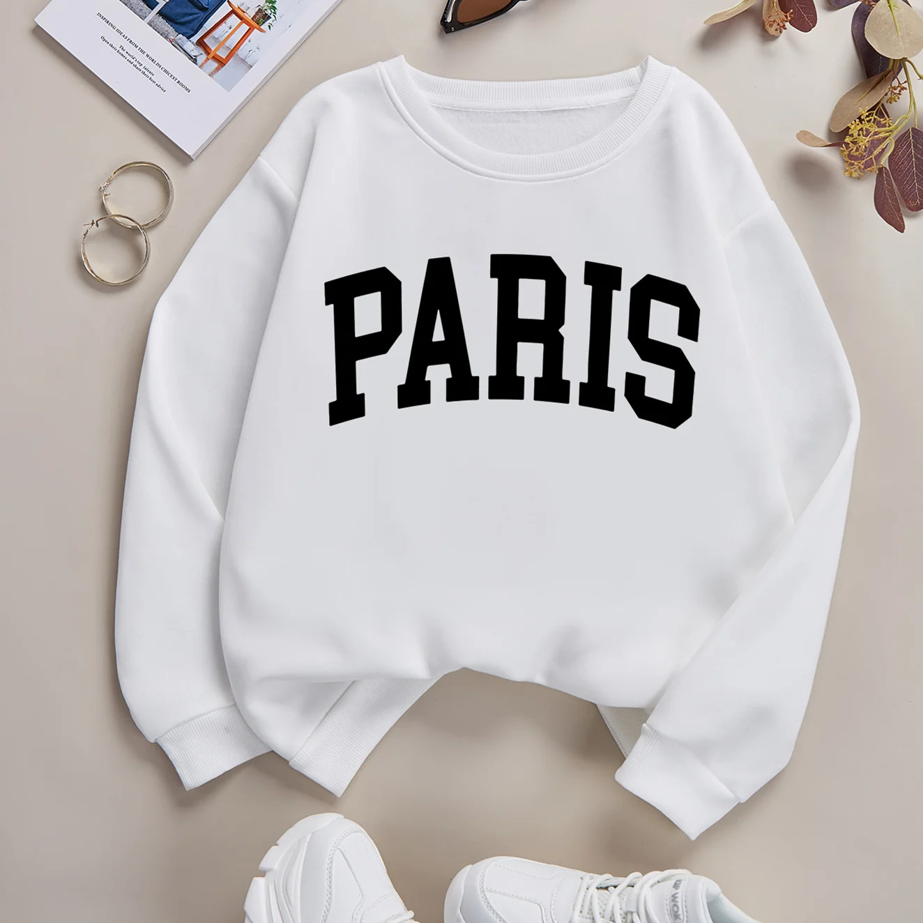 Paris Women  Round Neck Sweatshirt Autumn Winter Print Letter Pullovers Sweatshirt Fashion Loose Casual  Unisex Clothing