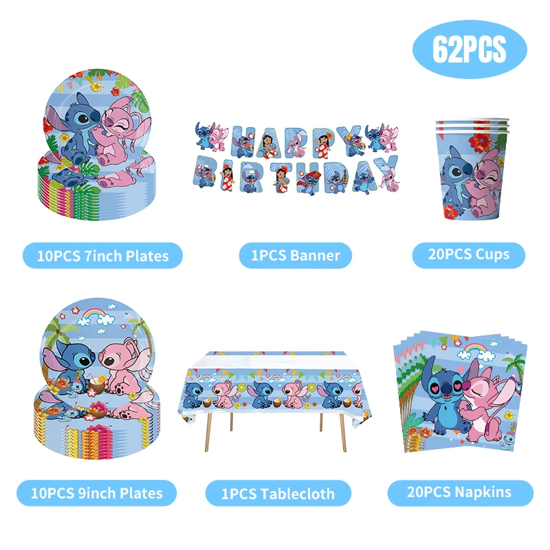 Disney Lilo And Stitch Birthday Decoration Pink Stitch Tableware Set Balloons Tablecloth Paper Cup Plate Backdrop Party Supplies