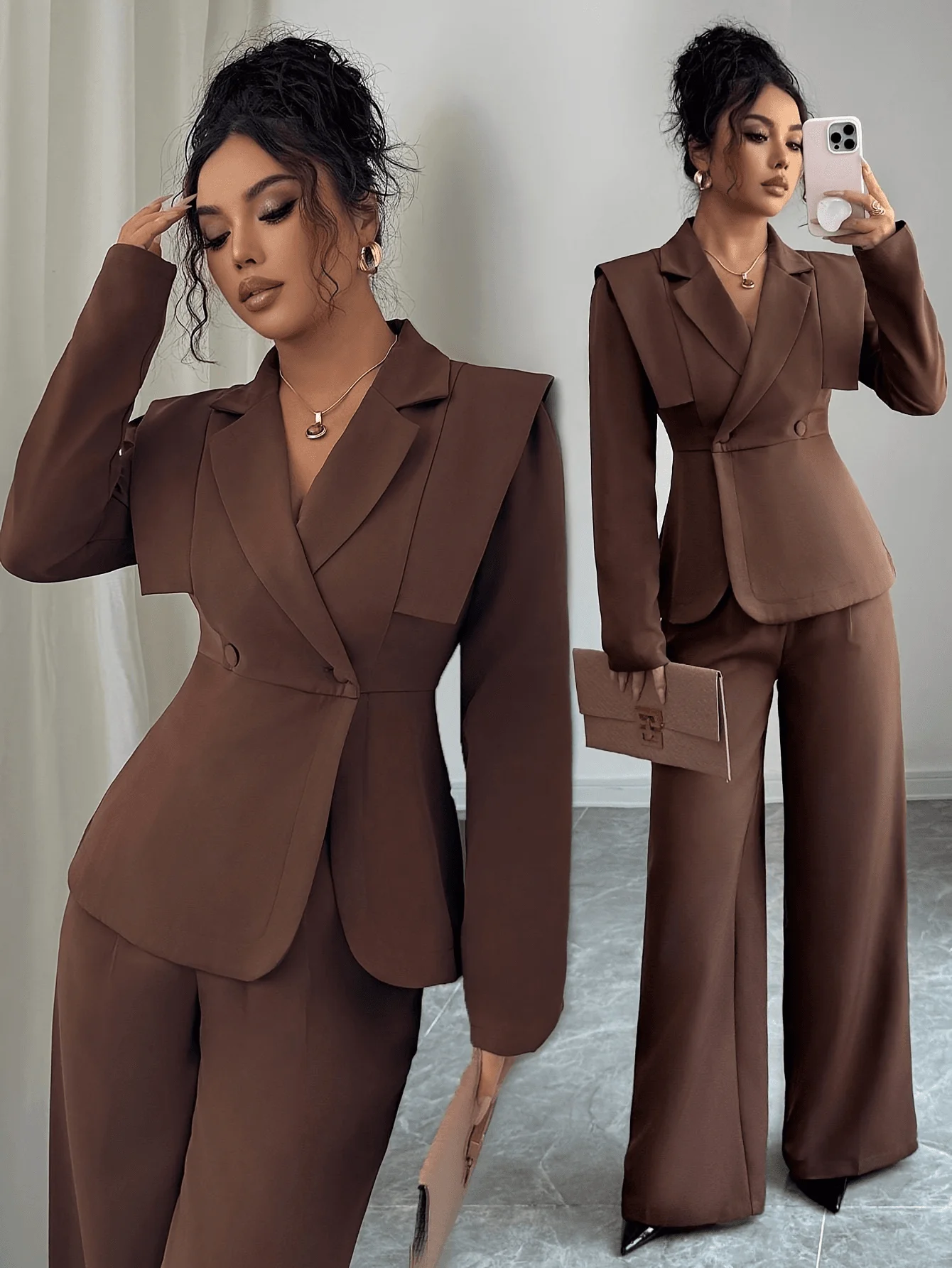 

Women's 2 Piece Brown Office Suit Set, Peler Shawl Collar Blazer & Wide Leg Pants Set, Elegant Business Outfit