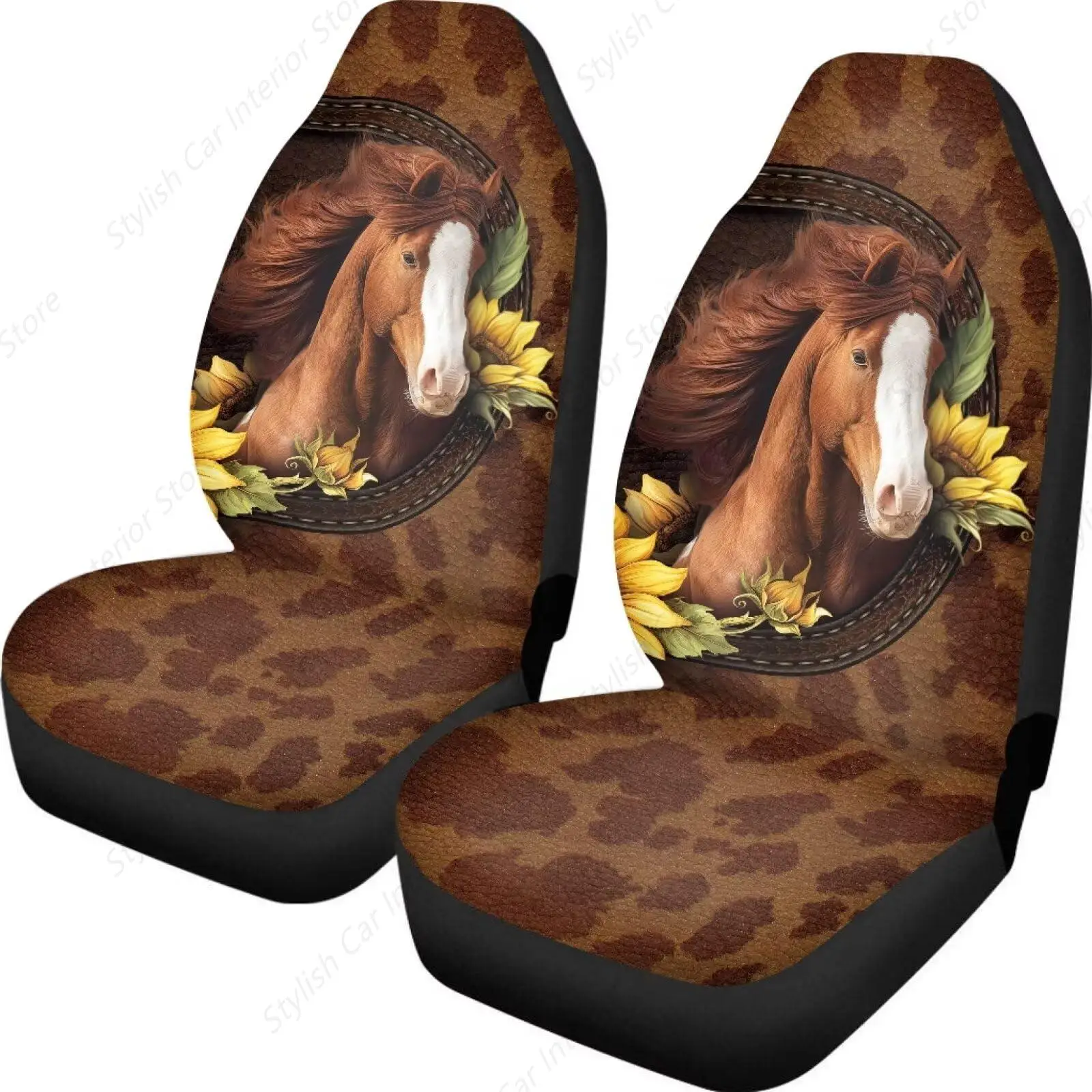 Paquete de 2 protectores de coche para asiento delantero, funda de asiento delantero de coche a prueba de polvo con estampado de girasoles y caballos, Protector para todo tipo de clima, Universal