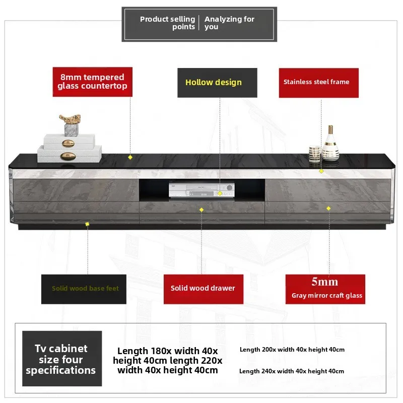 Postmodern 1.82.4 light luxury TV cabinet, black tempered glass countertop simple living room video cabinet
