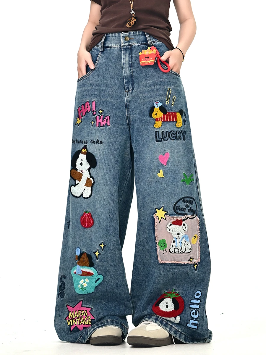

Blue Embroidered Dog Towel Loose Women's Jeans Korean Sle Street Wide Leg Pants Casual Wear Autumn Season Ladies Jeans