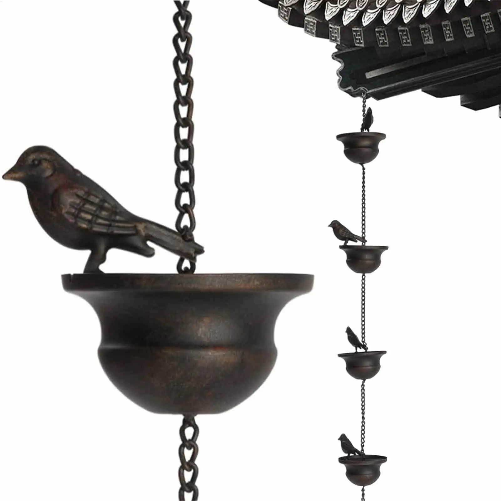 Rain Chain Birds On Cups Metal Rain Chain Rain Catcher For Gutter Roof Decoration Metal Drainage Rain Chain Downspout Tool
