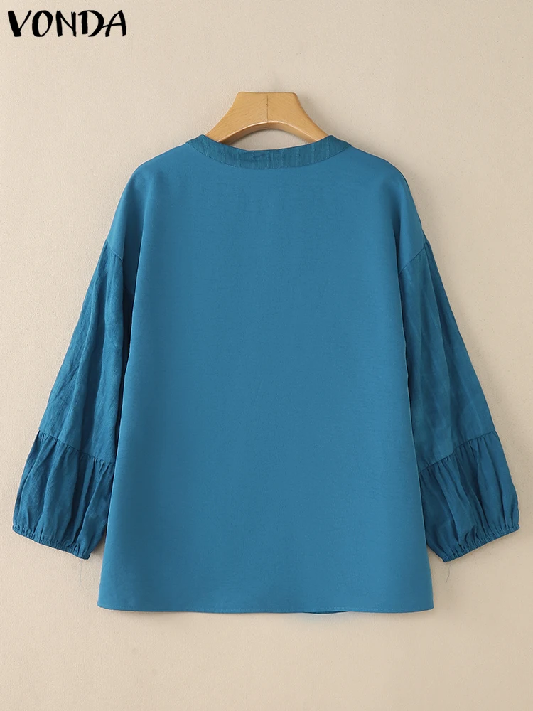 VONDA 100% Cotton Shirts Women Autumn Long Sleeve Blouse 2025 Fashion Puff Sleeve V-Neck Elegant Office Lady Tops Casual Blusas