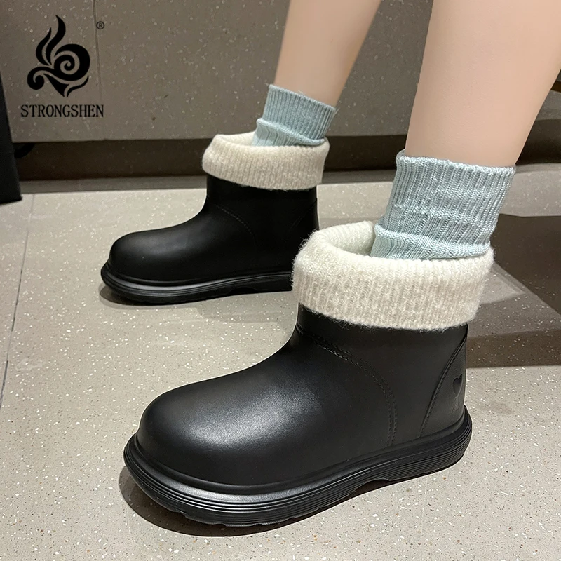 STRONGSHEN Women Boots Winter Fur Warm Plush Lining Rain Boots Waterproof Fashion Casual Anti-skid Ankle Boots Bottes De Pluie