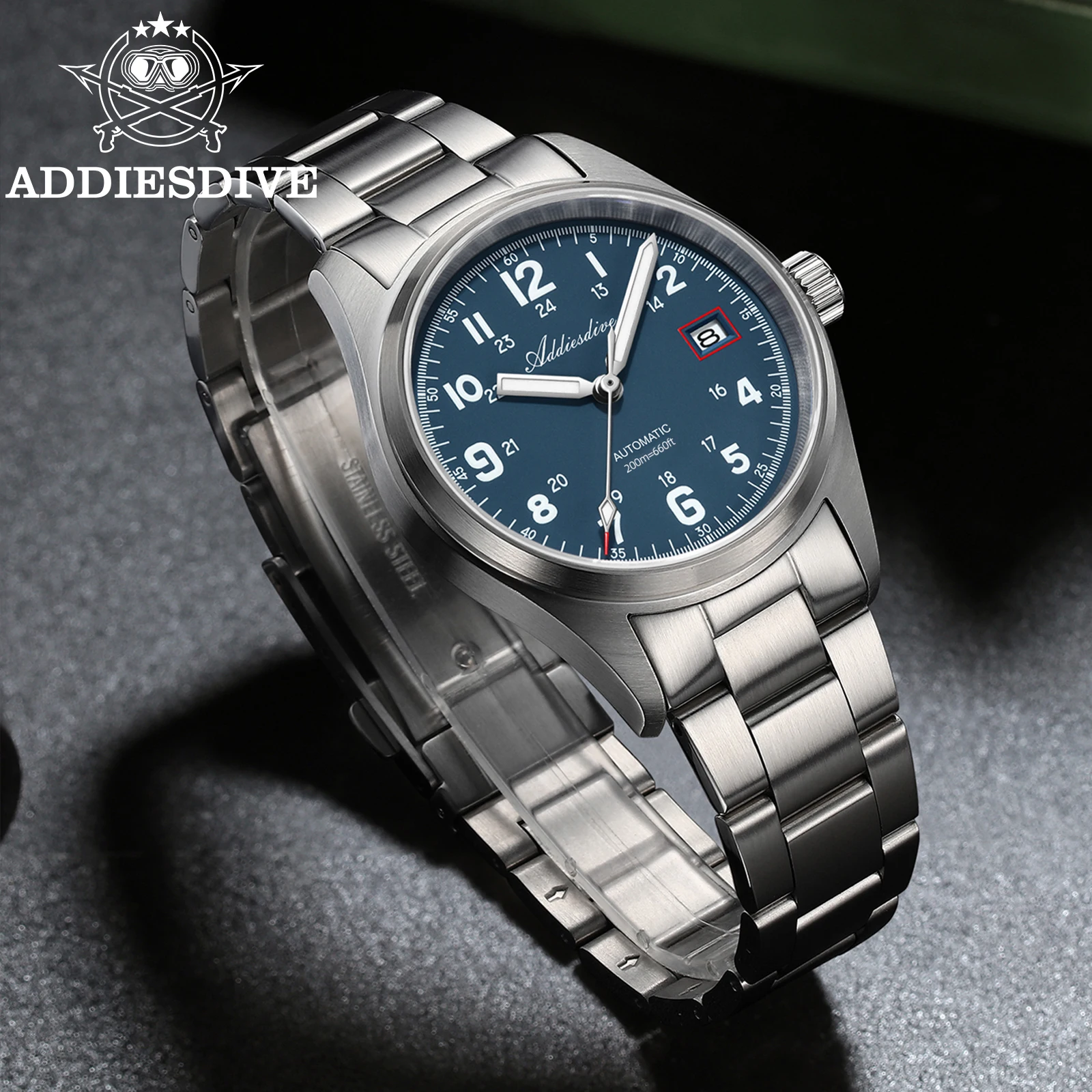 Relógio ADDIESDIVE masculino, vidro mecânico automático de safira, relógio de pulso luminoso, aço inoxidável impermeável, BGW9, NH35, 39mm, 200m