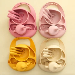 9PCS Baby Silicone Tableware Sets Mini Utensils Solid Color Spoon Fork Waterproof Bib Suction Plate Bowl Portable Sippy Cup