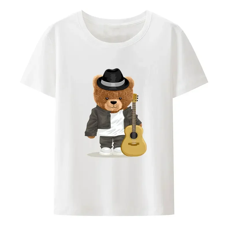 Creative Cool Bear In Musician Costume with Acoustic Guitar Print T Shirt Men Women Comfortable Breathable Y2k Fashion Camisetas