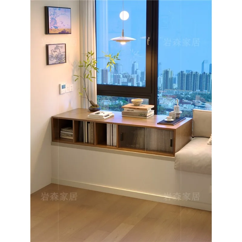 bay window pure solid wood storage cabinet custom window glass sliding door dust-proof low cabinet dressing table desk integrate